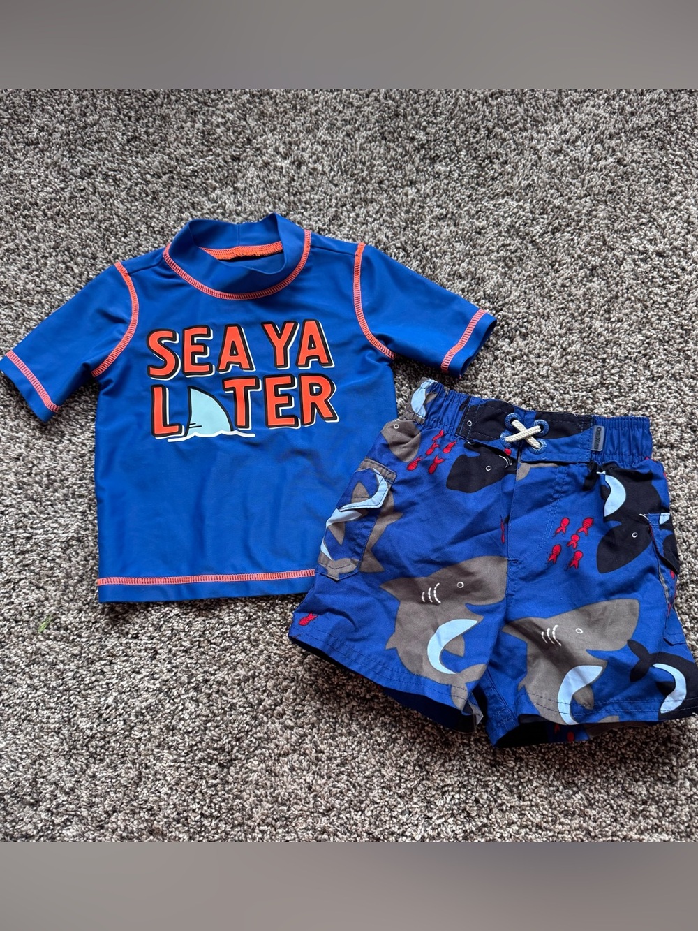 Blue 'Sea Ya Later' Rash Guard and Shark Swim Trunks